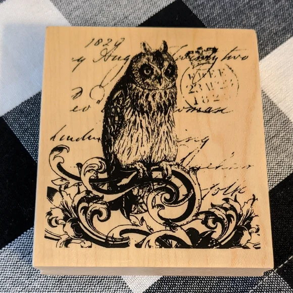 Spooky Collage Wood Mounted Rubber Stamp Halloween Owl Oldtime Script - Picture 1 of 4